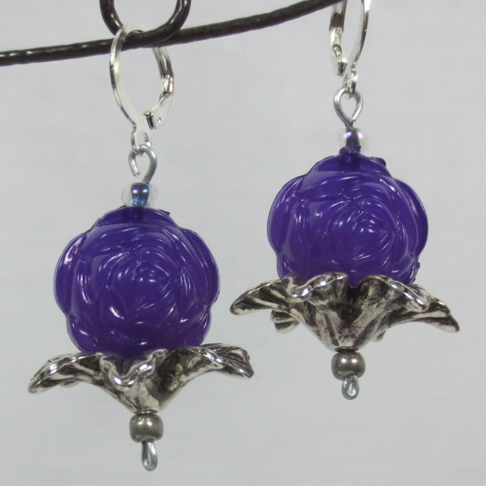 Handcrafted Pierced Earrings Chunky Purple Roses Silver Leaves Dangle Statement